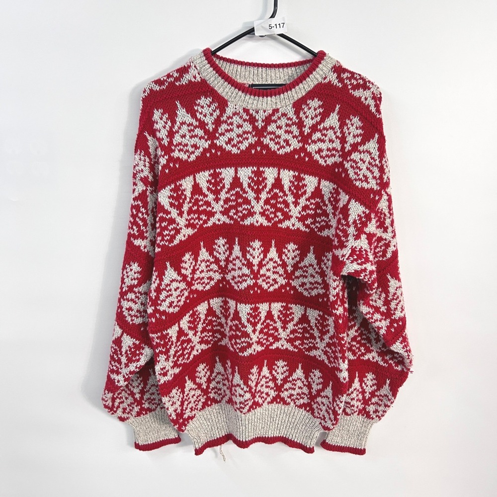 Vintage Christmas Nordic Sweater XL Made USA Red Cotton Grandpa Cabincore Knit